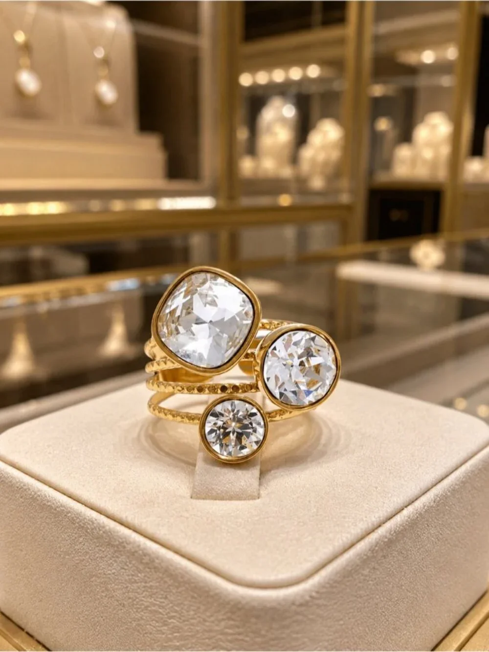 18 K Gold plated Triple Crystal Stack Ring
